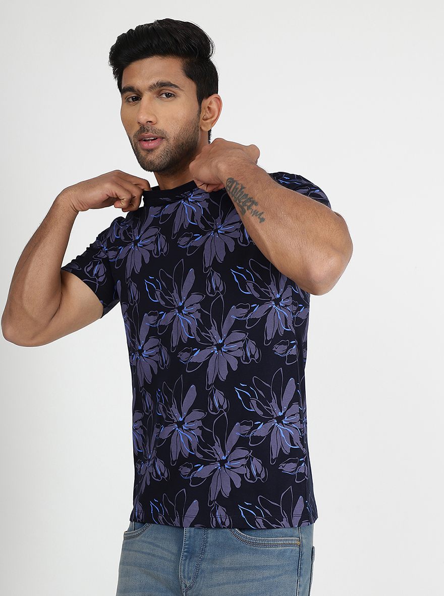 Navy Blue Printed Slim Fit T-Shirt | pehervi