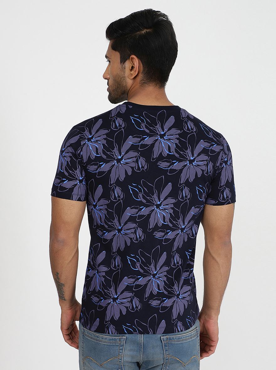 Navy Blue Printed Slim Fit T-Shirt | pehervi