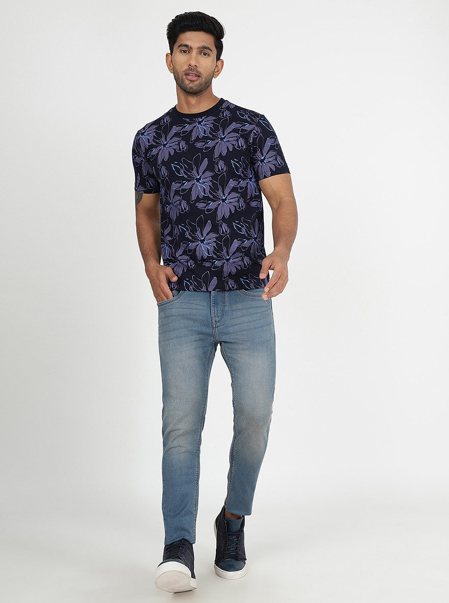 Navy Blue Printed Slim Fit T-Shirt | pehervi