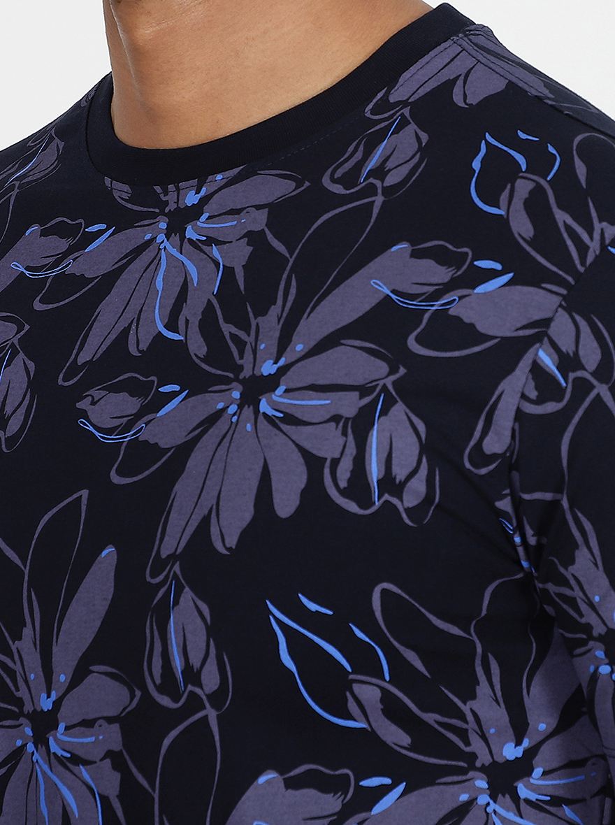 Navy Blue Printed Slim Fit T-Shirt | pehervi