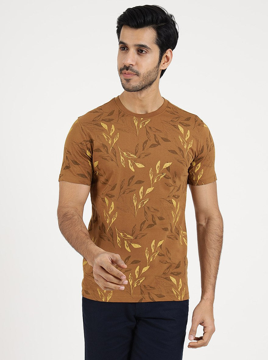 Khaki Printed Slim Fit T-Shirt | pehervi
