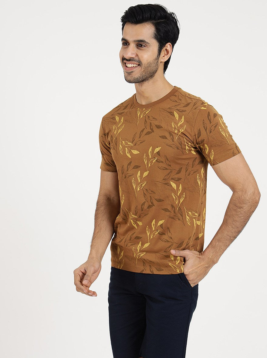 Khaki Printed Slim Fit T-Shirt | pehervi