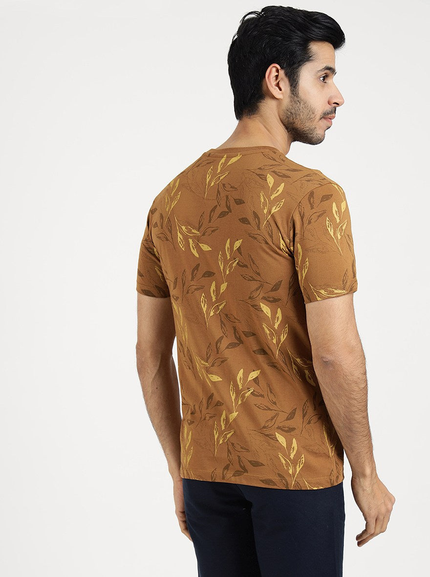 Khaki Printed Slim Fit T-Shirt | pehervi