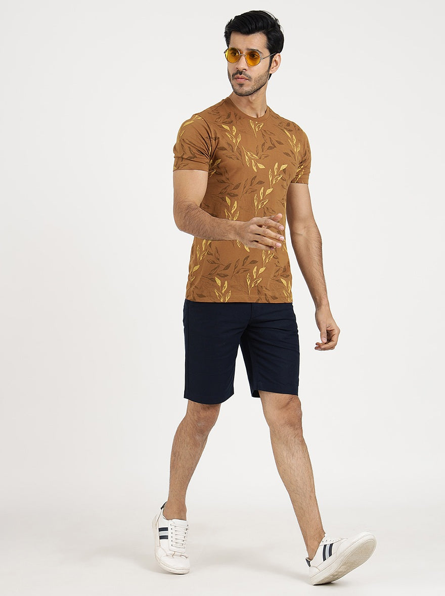 Khaki Printed Slim Fit T-Shirt | pehervi