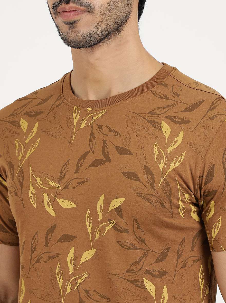 Khaki Printed Slim Fit T-Shirt | pehervi