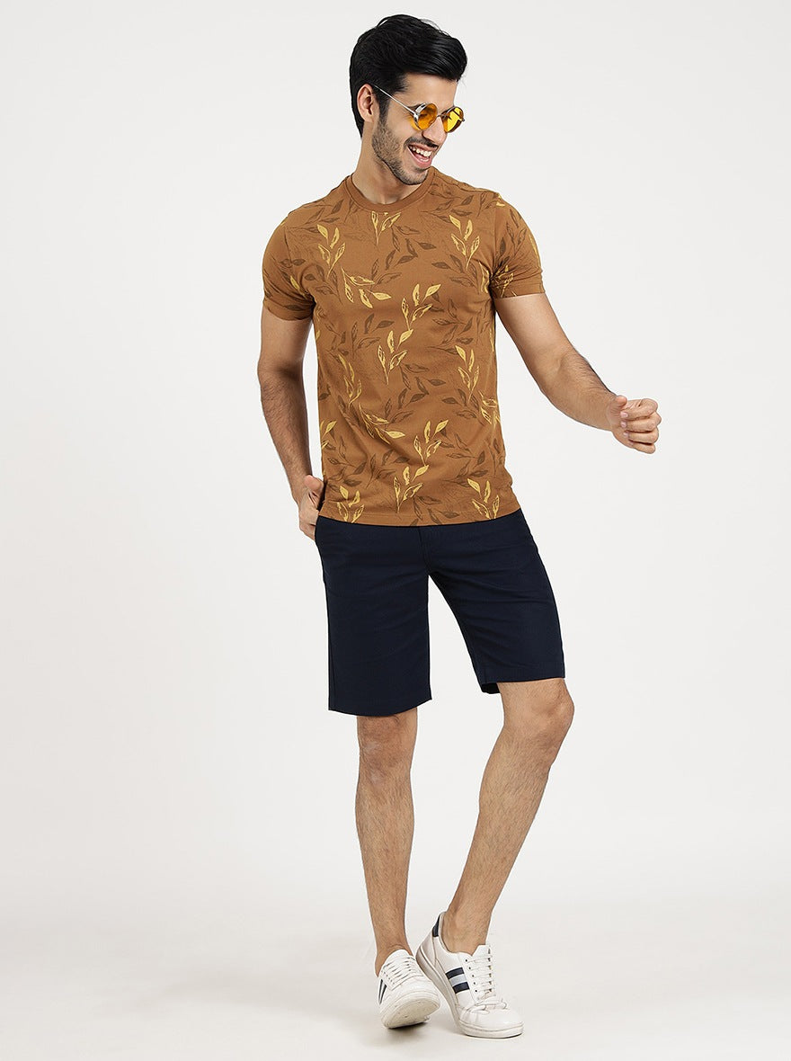Khaki Printed Slim Fit T-Shirt | pehervi