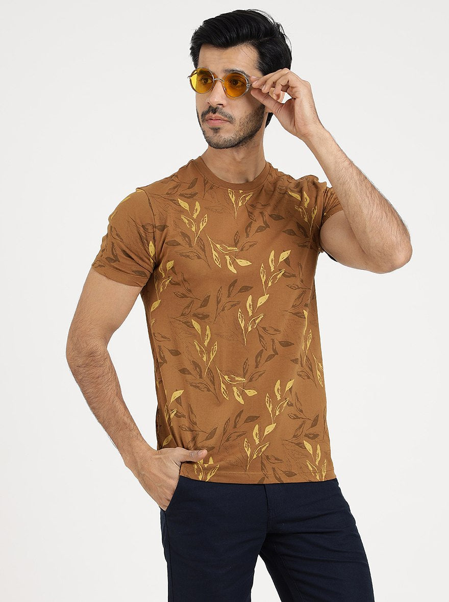Khaki Printed Slim Fit T-Shirt | pehervi