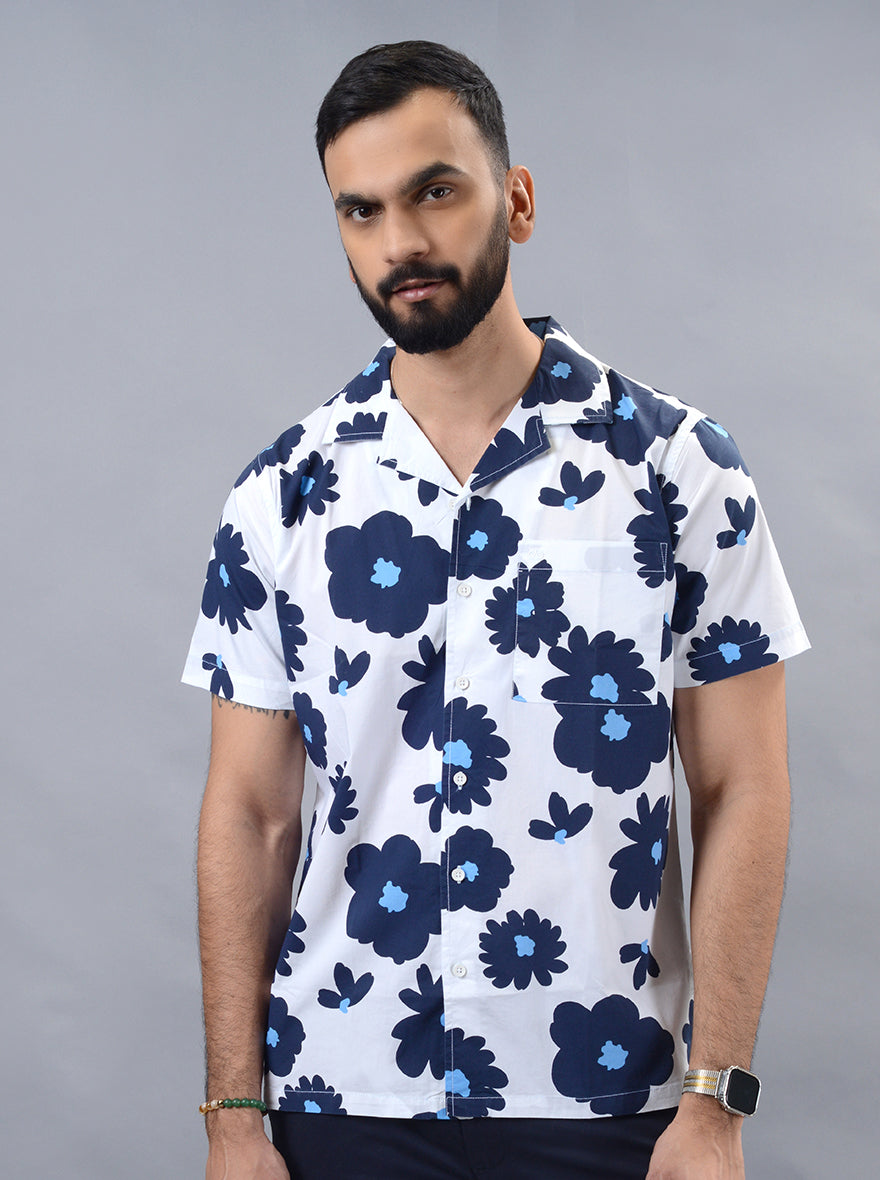 White Printed Slim Fit Casual Shirt | pehervi