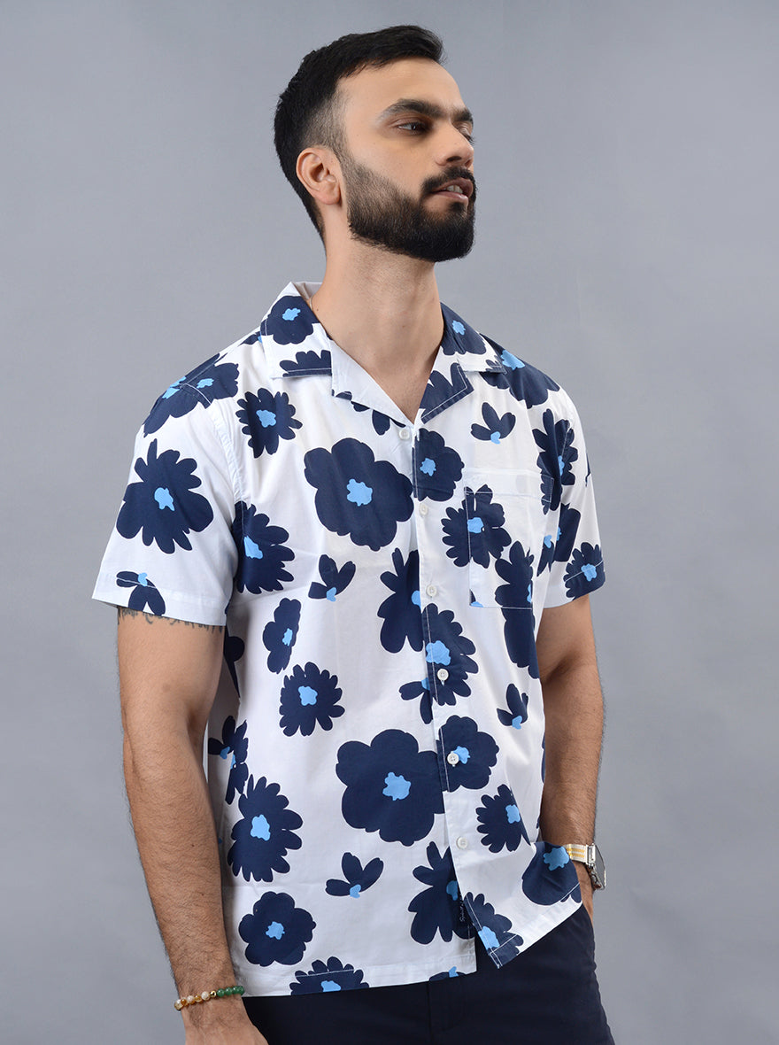White Printed Slim Fit Casual Shirt | pehervi