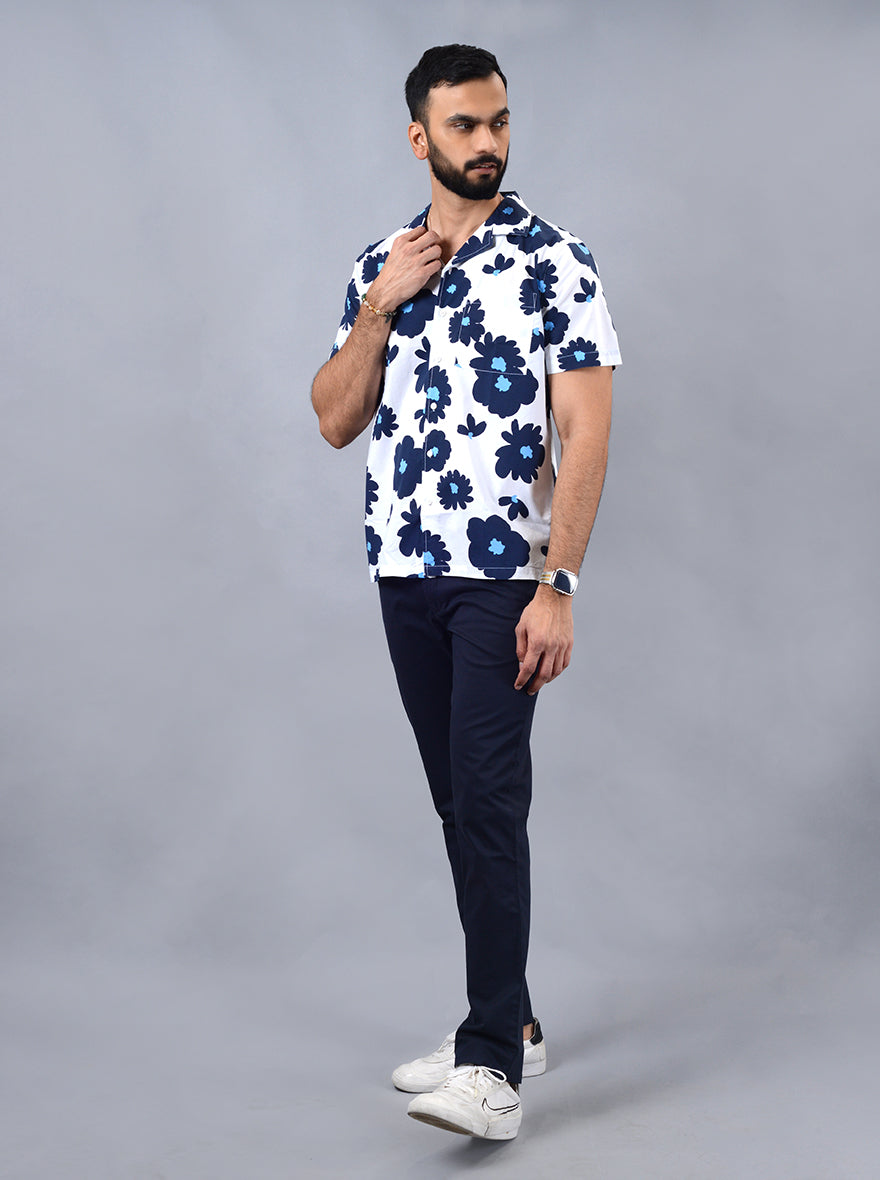 White Printed Slim Fit Casual Shirt | pehervi