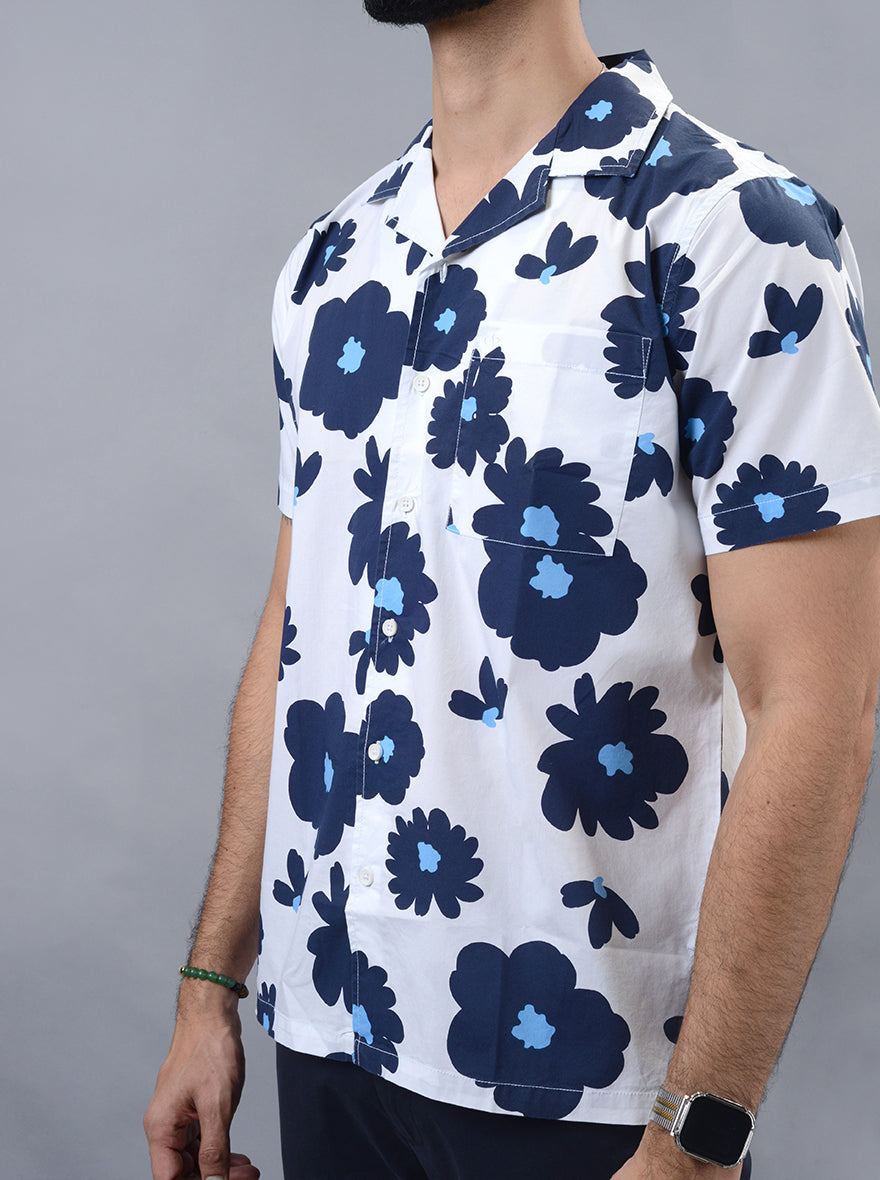 White Printed Slim Fit Casual Shirt | pehervi