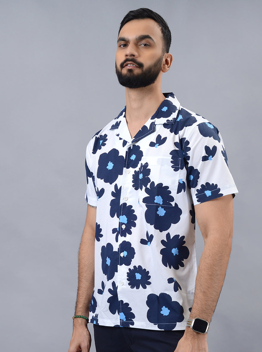 White Printed Slim Fit Casual Shirt | pehervi