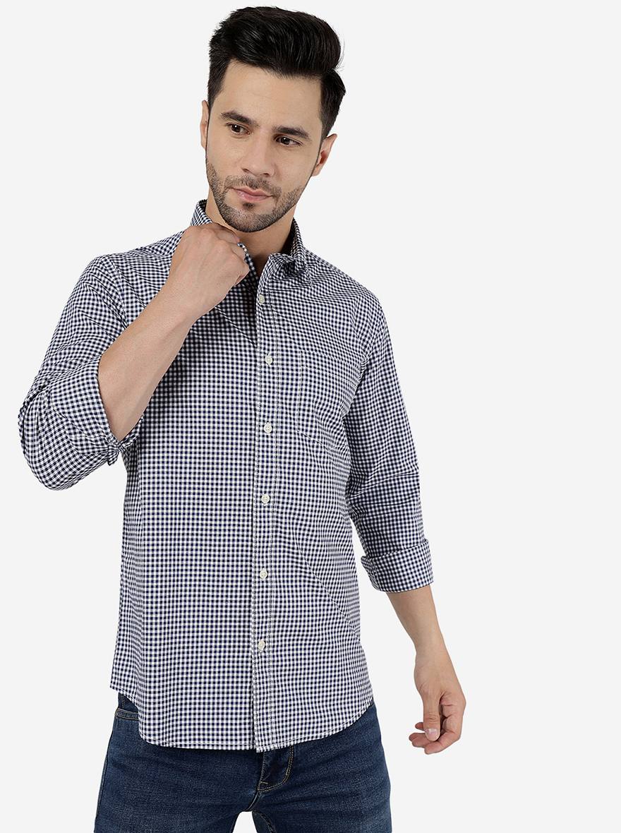 Navy Blue Checked Smart Fit Semi Casual Shirt | Pehervi