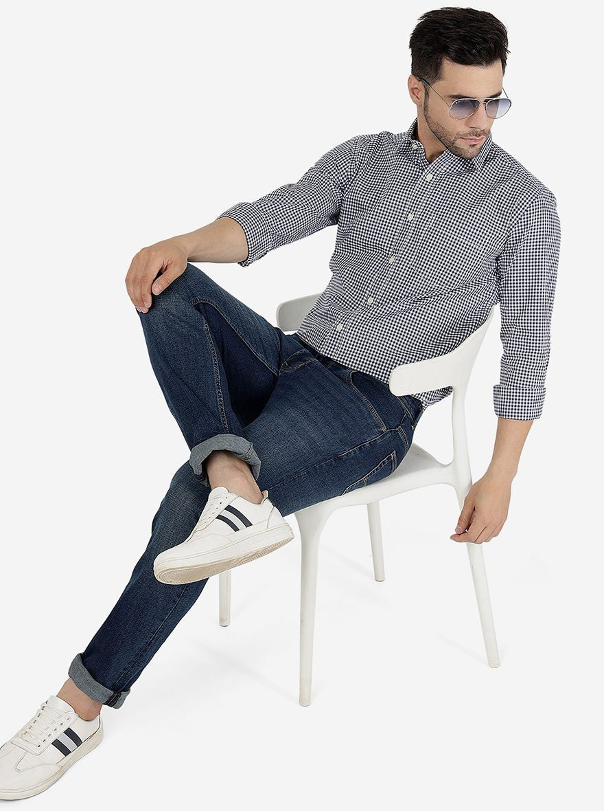 Navy Blue Checked Smart Fit Semi Casual Shirt | Pehervi