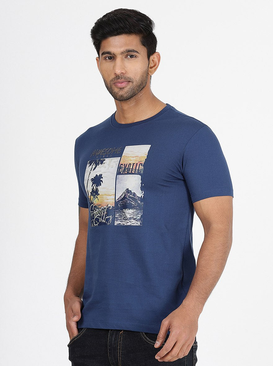 Blue Printed Slim Fit T-Shirt | pehervi