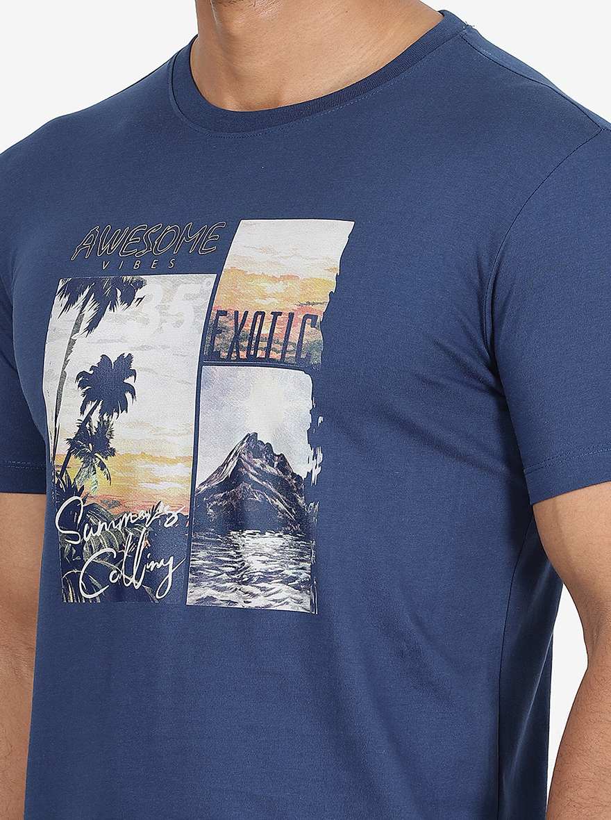 Blue Printed Slim Fit T-Shirt | pehervi