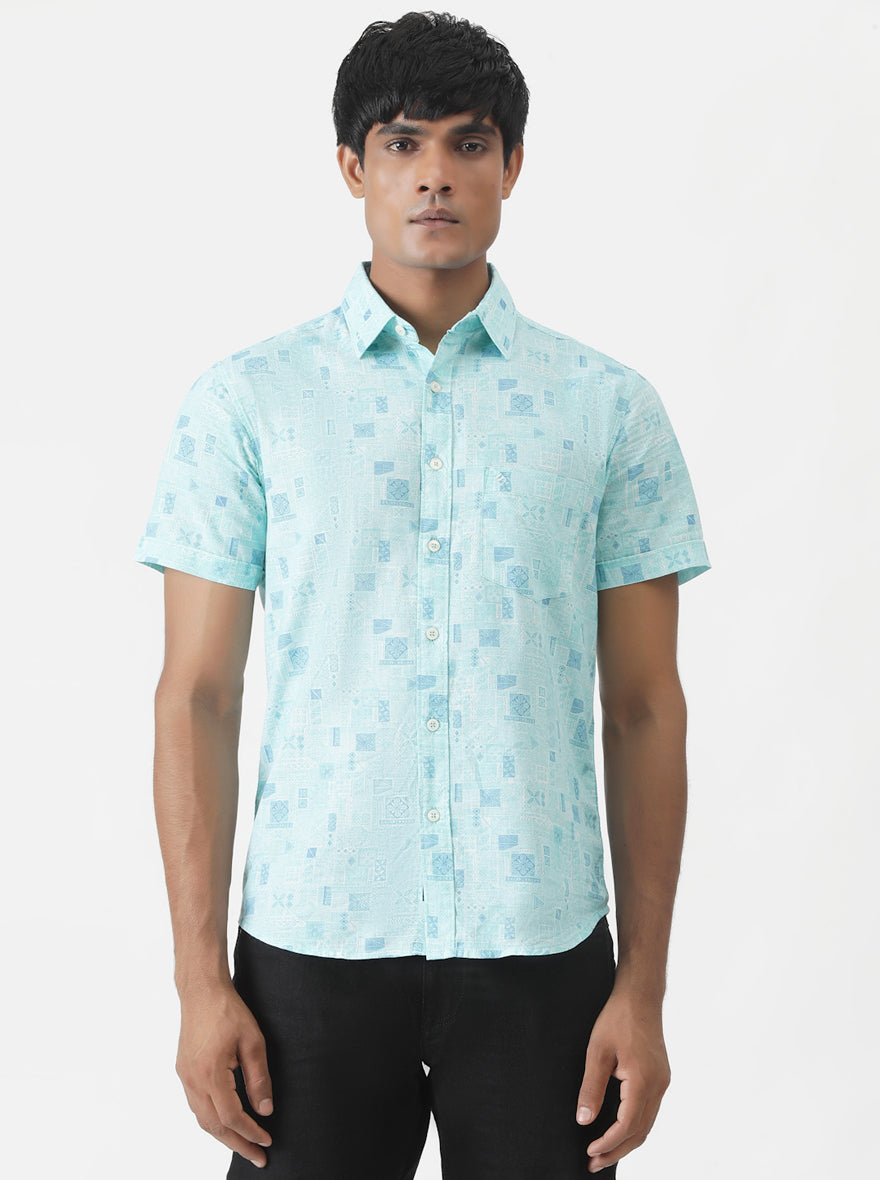 Sky Blue Printed Slim Fit Casual Shirt | pehervi
