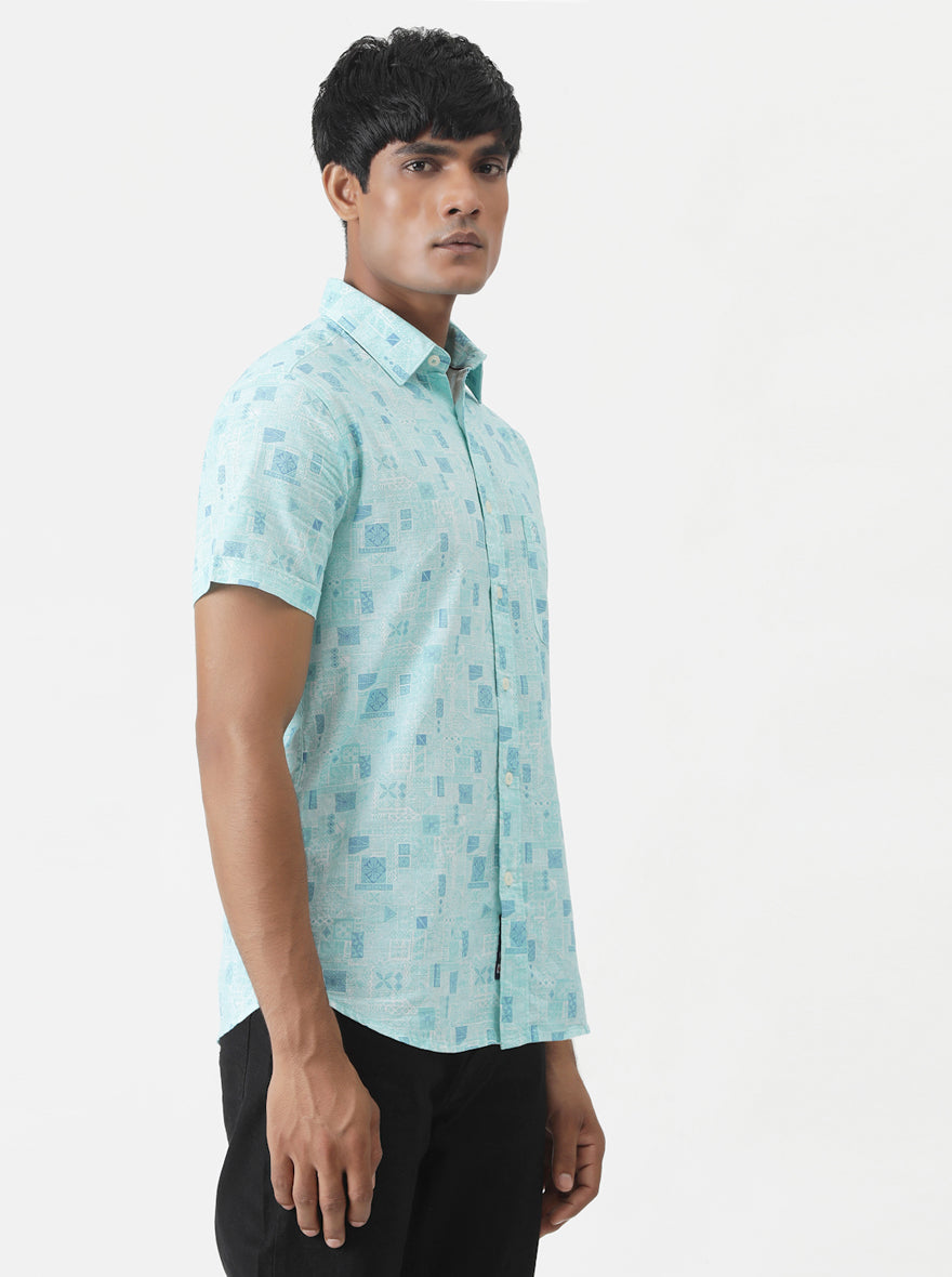Sky Blue Printed Slim Fit Casual Shirt | pehervi