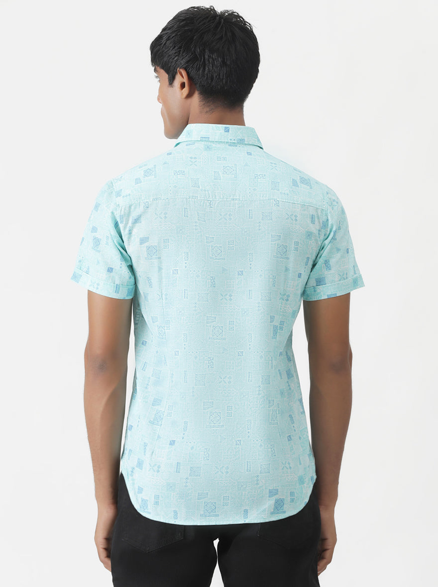 Sky Blue Printed Slim Fit Casual Shirt | pehervi
