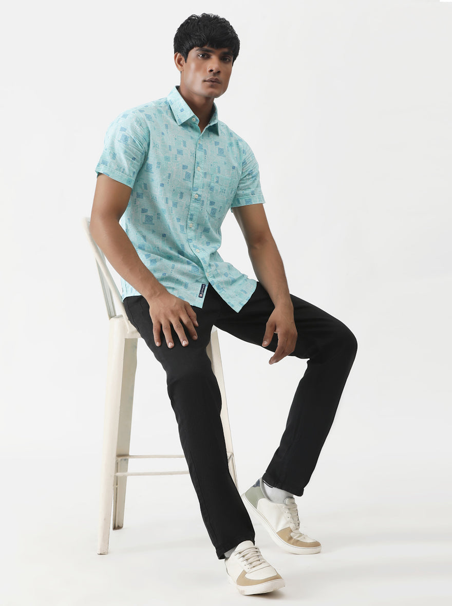 Sky Blue Printed Slim Fit Casual Shirt | pehervi