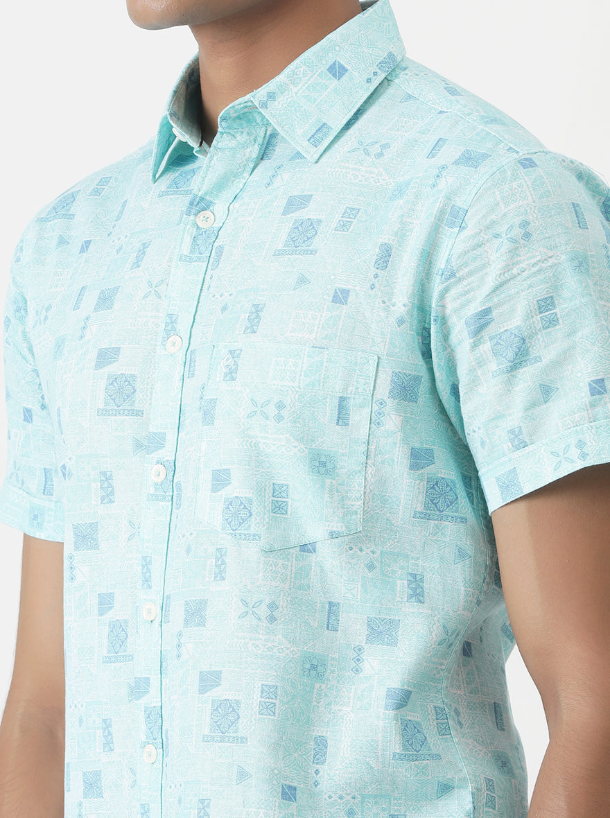Sky Blue Printed Slim Fit Casual Shirt | pehervi