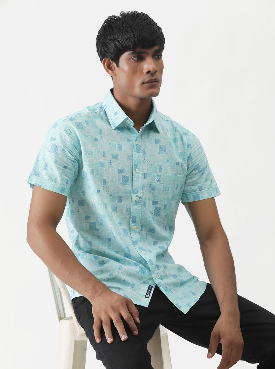 Sky Blue Printed Slim Fit Casual Shirt | pehervi