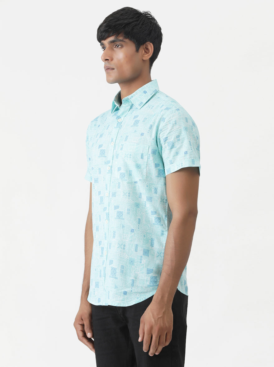 Sky Blue Printed Slim Fit Casual Shirt | pehervi