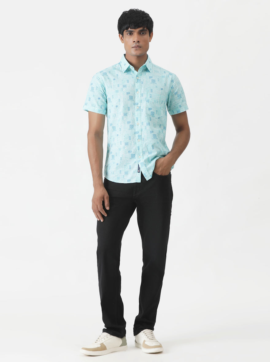 Sky Blue Printed Slim Fit Casual Shirt | pehervi