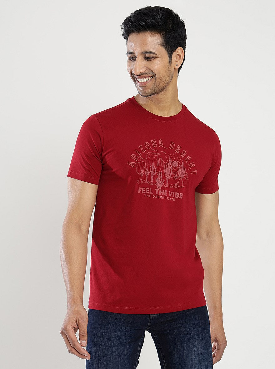 Maroon Printed Slim Fit T-Shirt | pehervi
