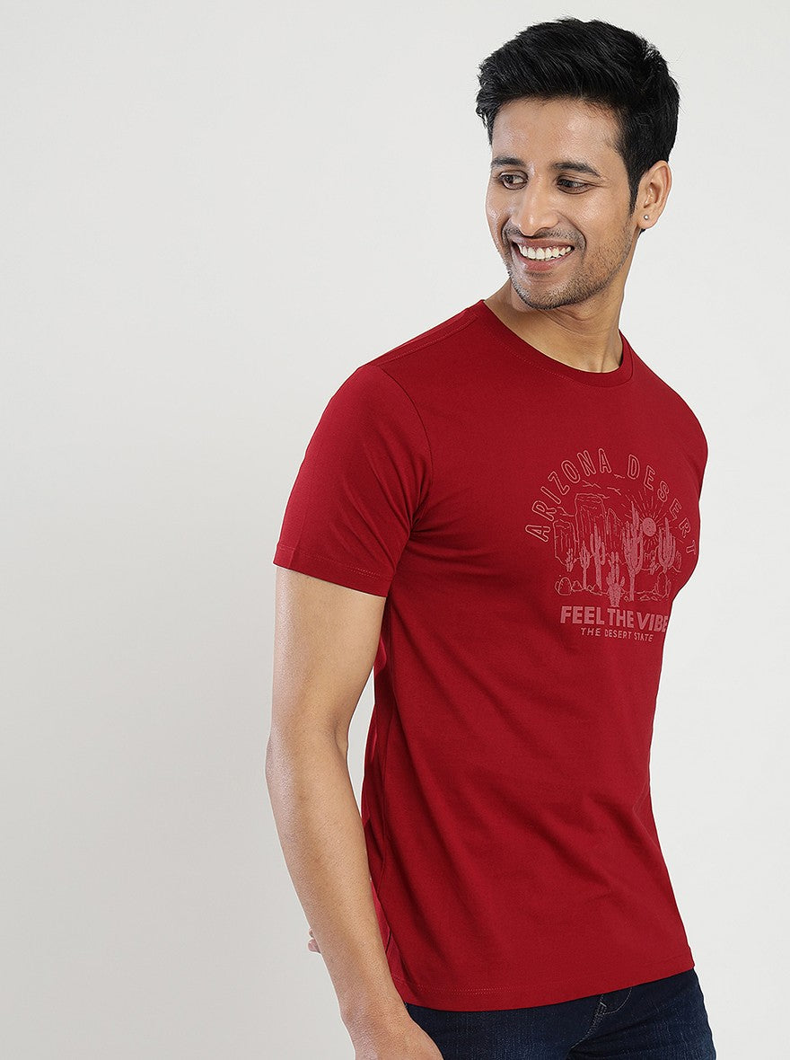 Maroon Printed Slim Fit T-Shirt | pehervi