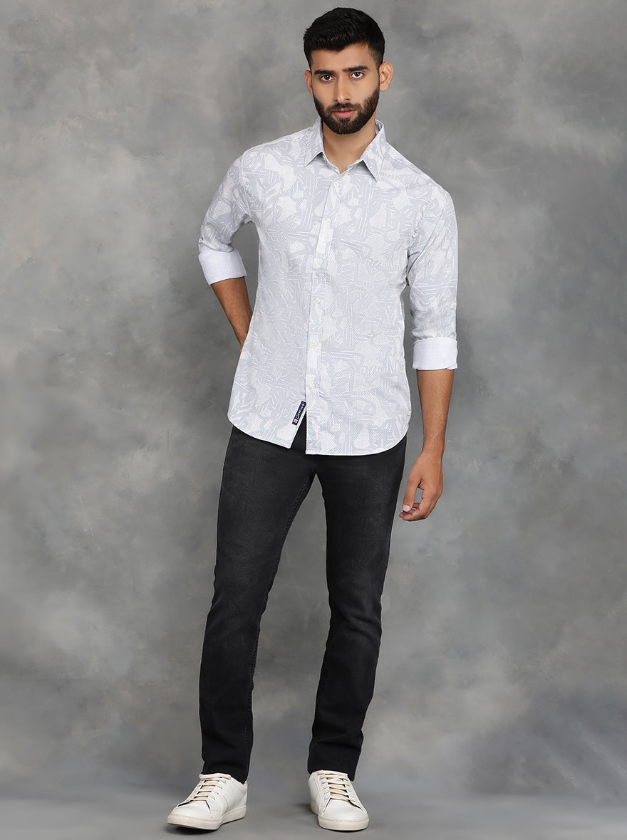 Light Grey Printed Slim Fit Casual Shirt | pehervi