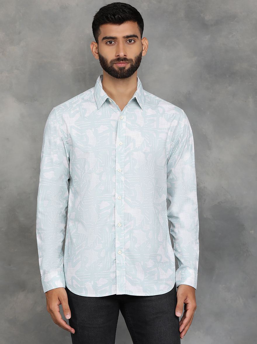 Light Green Printed Slim Fit Casual Shirt | pehervi