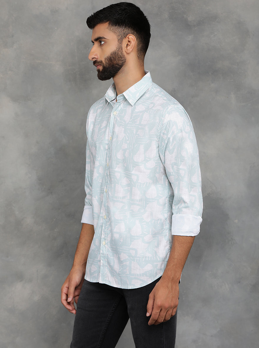 Light Green Printed Slim Fit Casual Shirt | pehervi