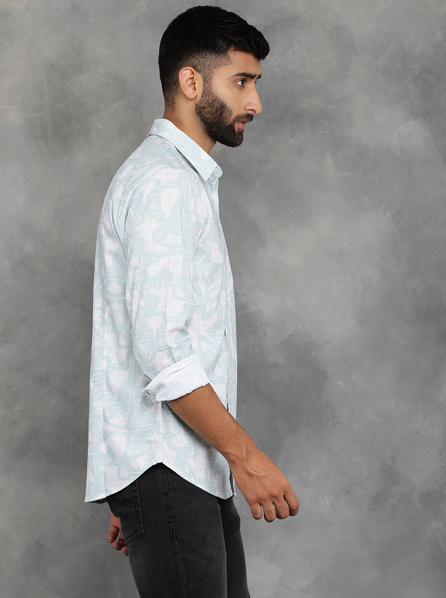 Light Green Printed Slim Fit Casual Shirt | pehervi