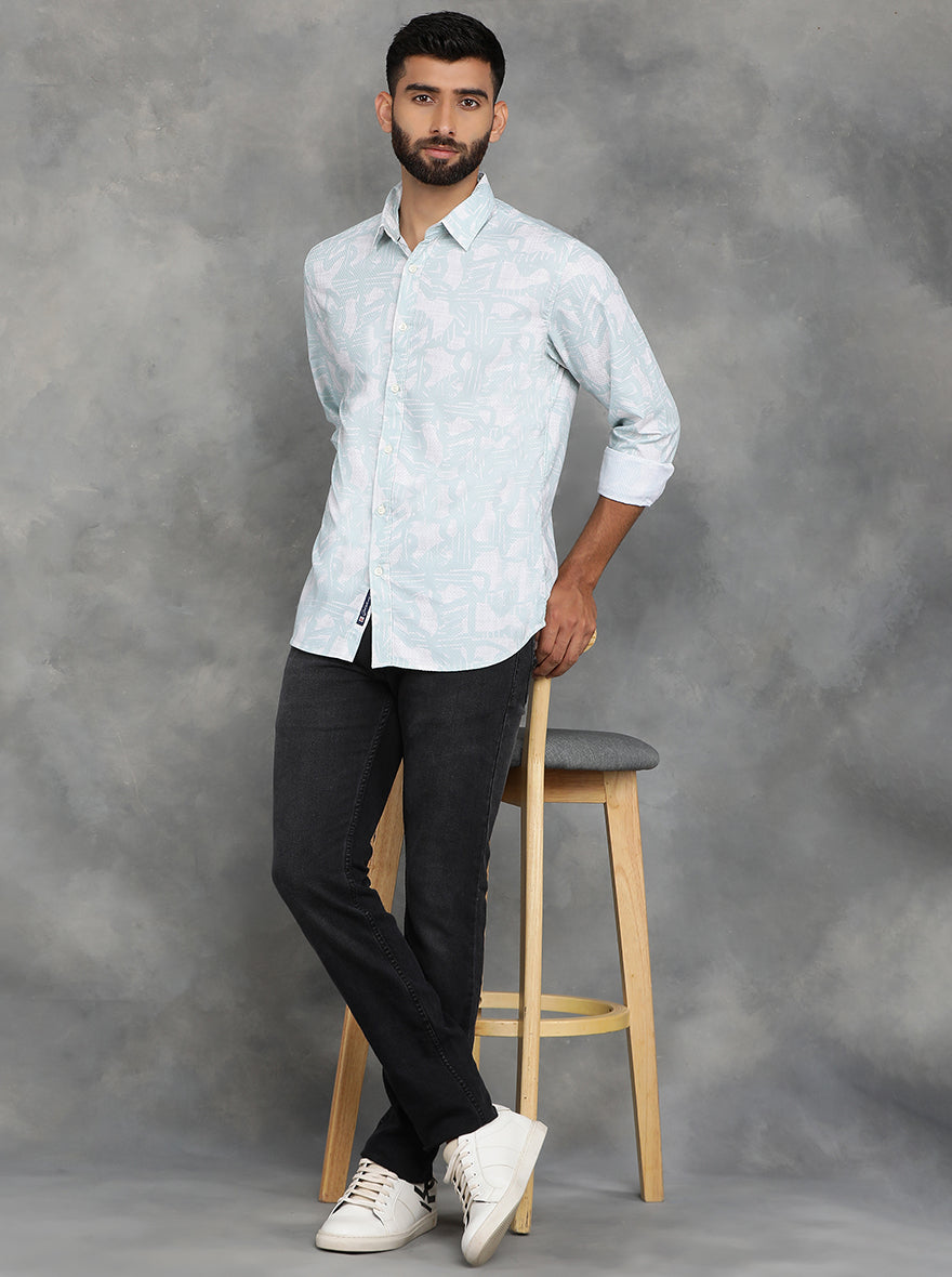 Light Green Printed Slim Fit Casual Shirt | pehervi