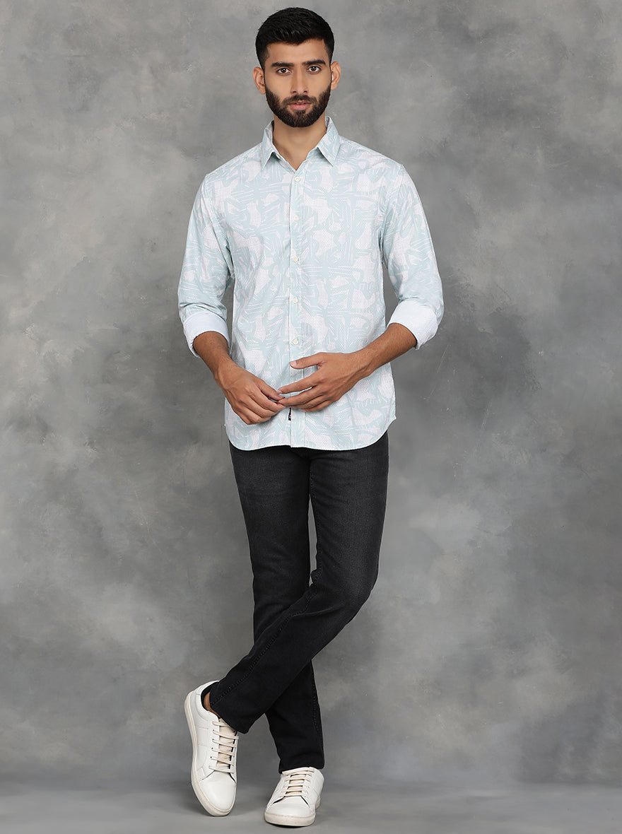 Light Green Printed Slim Fit Casual Shirt | pehervi