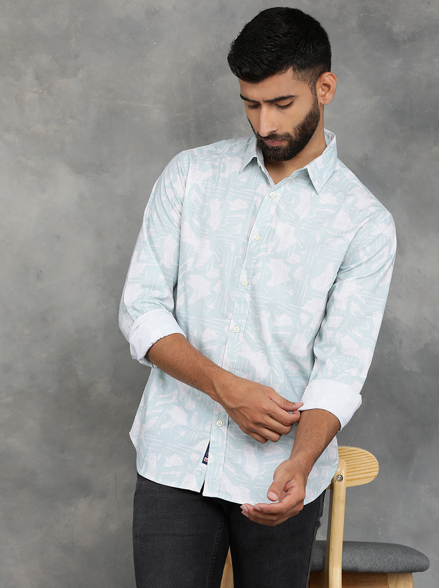 Light Green Printed Slim Fit Casual Shirt | pehervi