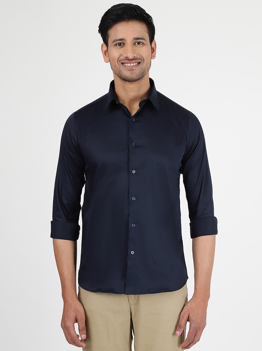 Navy Blue Solid Slim Fit Casual Shirt | pehervi