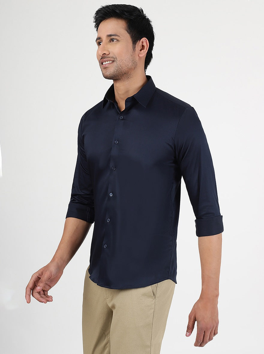 Navy Blue Solid Slim Fit Casual Shirt | pehervi