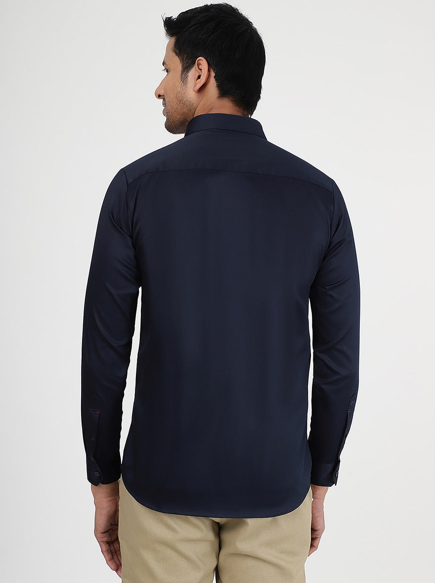 Navy Blue Solid Slim Fit Casual Shirt | pehervi