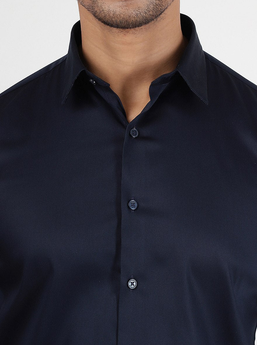Navy Blue Solid Slim Fit Casual Shirt | pehervi