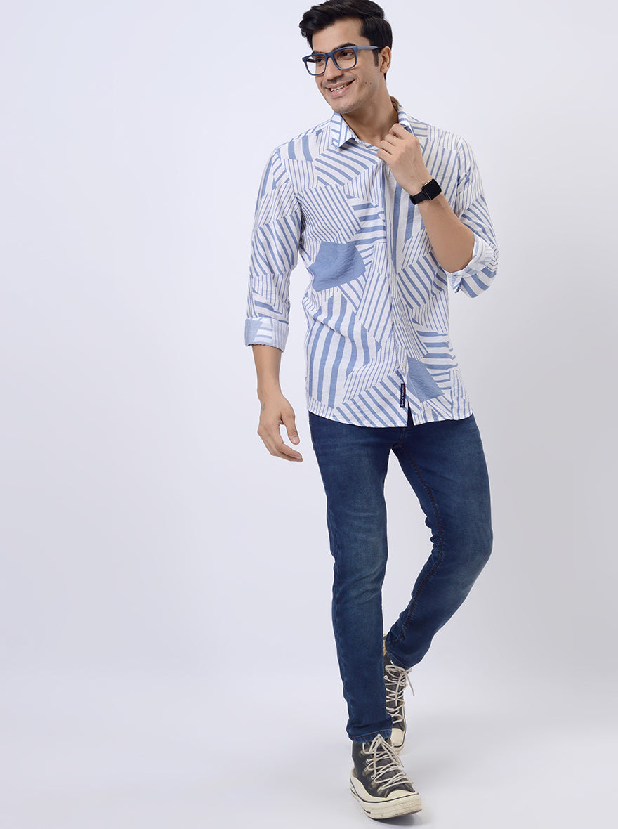 Light Blue Printed Slim Fit Casual Shirt | pehervi
