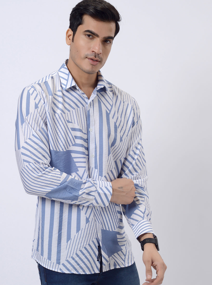 Light Blue Printed Slim Fit Casual Shirt | pehervi