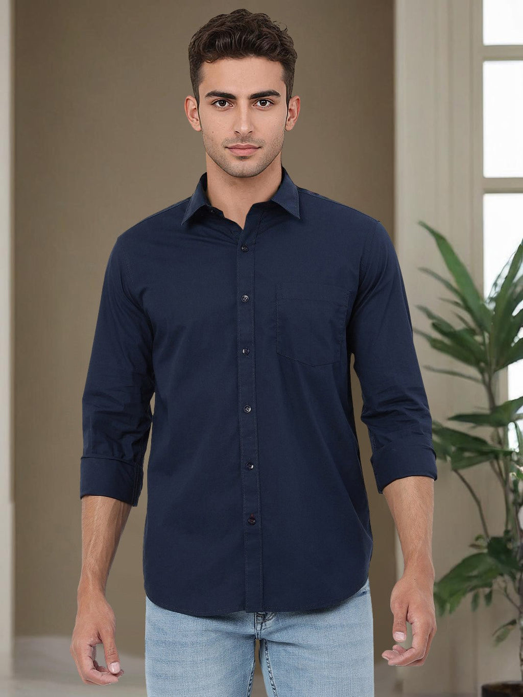 Navy Blue Solid Smart Fit Semi Casual Shirt | Pehervi