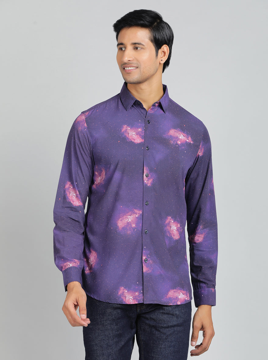 Purple Printed Slim Fit Casual Shirt | pehervi