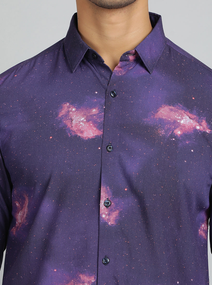 Purple Printed Slim Fit Casual Shirt | pehervi