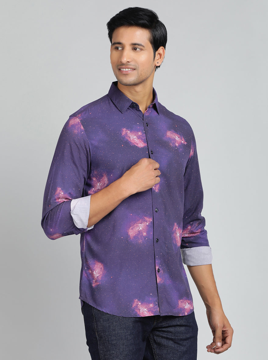 Purple Printed Slim Fit Casual Shirt | pehervi