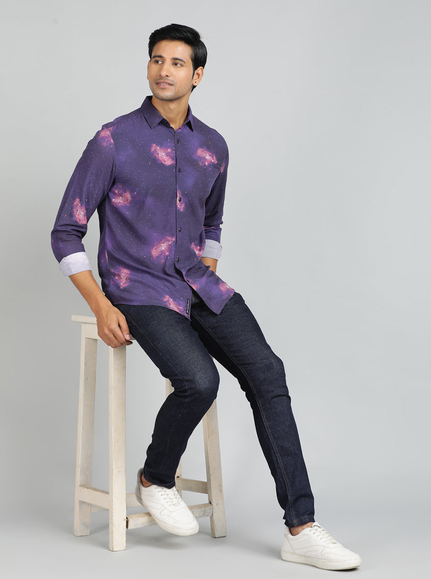 Purple Printed Slim Fit Casual Shirt | pehervi