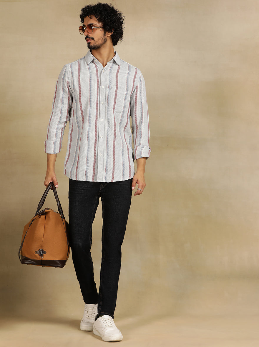 Grey Striped Slim Fit Casual Shirt | pehervi