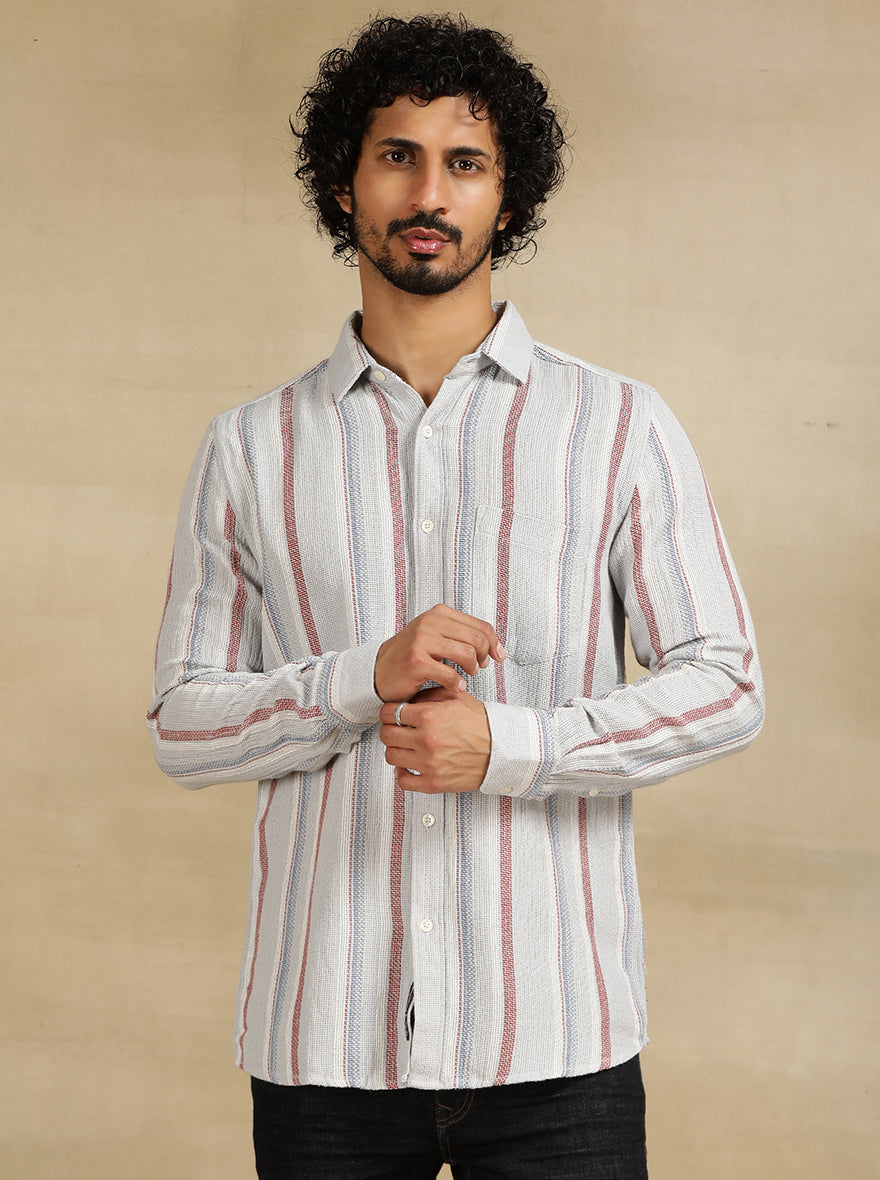 Grey Striped Slim Fit Casual Shirt | pehervi